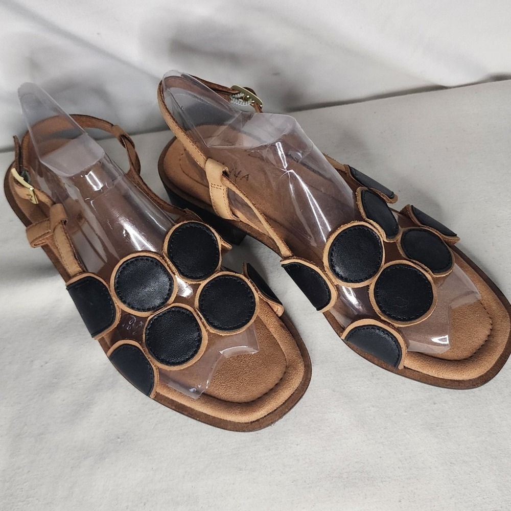 Salvia Maja Black Tan Full Grain Leather Geometric Circle Slingback Sandals 40